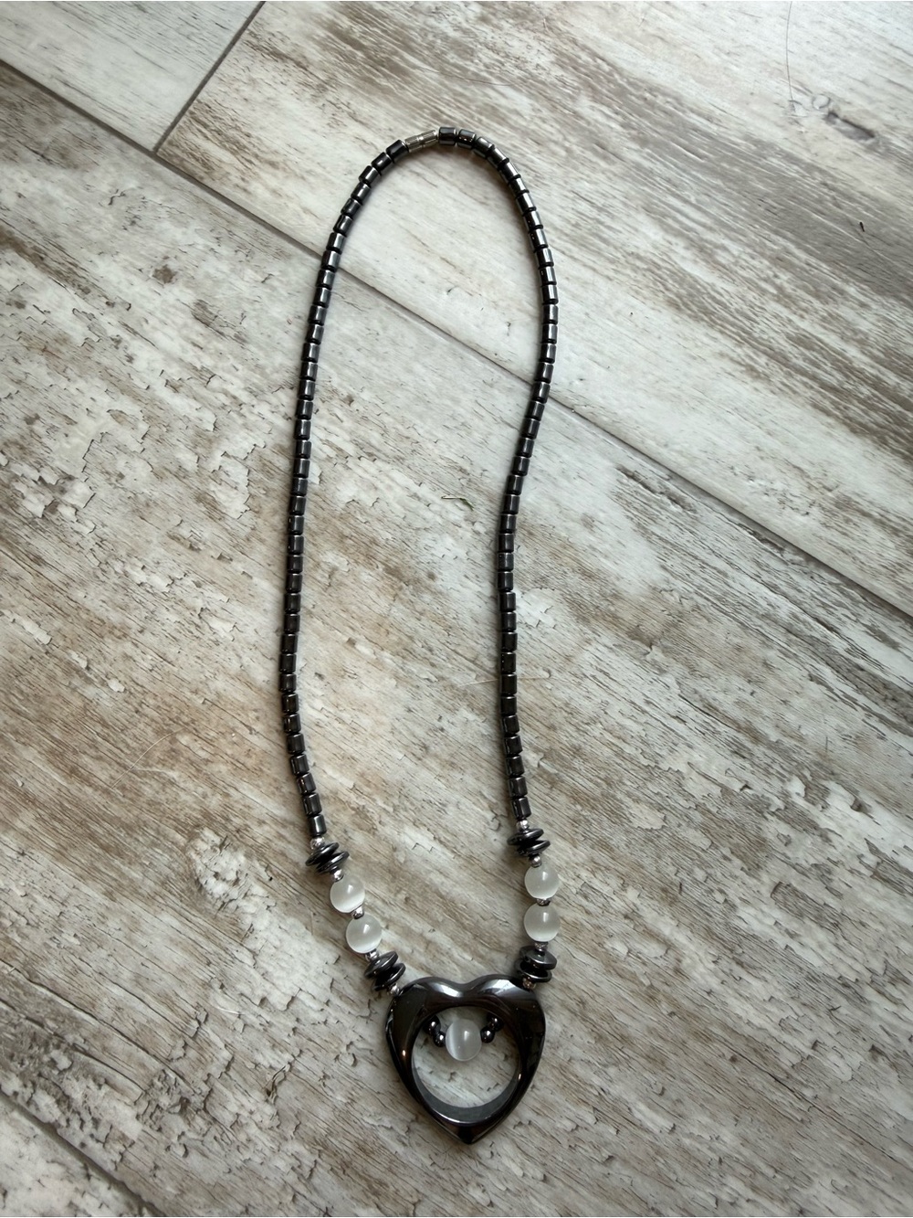 Hematite Heart Pendant Necklace with Frosted White Beads
